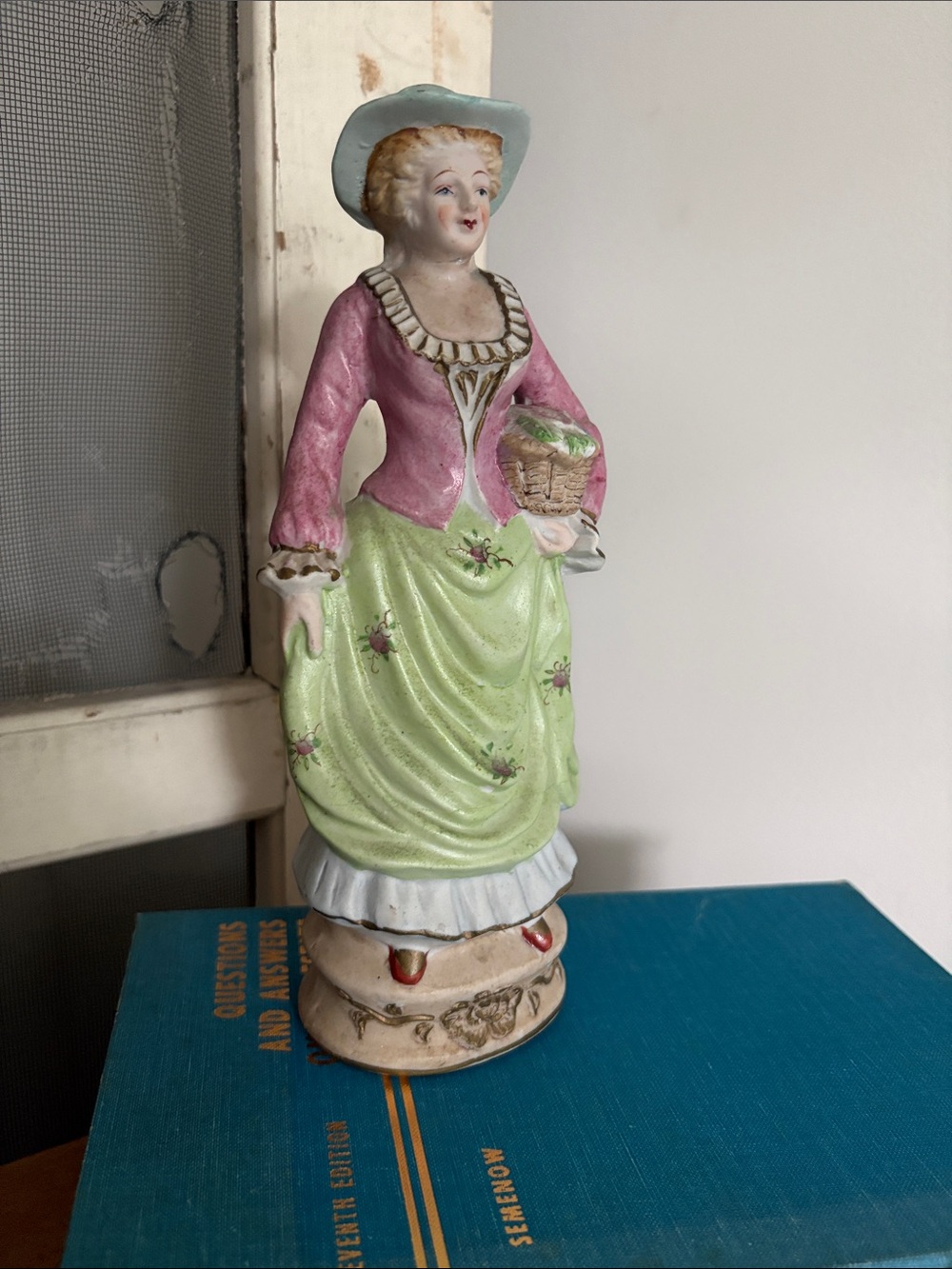 Occupied Japan Vintage Pink and Light Green Hand-Painted Ceramic Lady Figurine